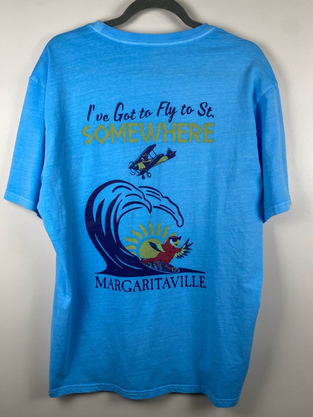 NWT Men's Margaritaville 'I've Got to Fly to St. Somewhere' Aquarius Blue Shirt